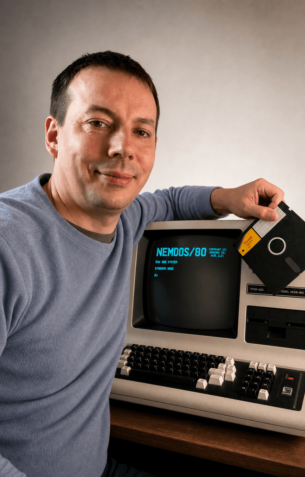 Alex Pasheyev with a vintage computer and floppy disk